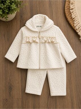 Little Me Cream Quilted Hooded Jacket & Pant Set with Ruffle Trim
